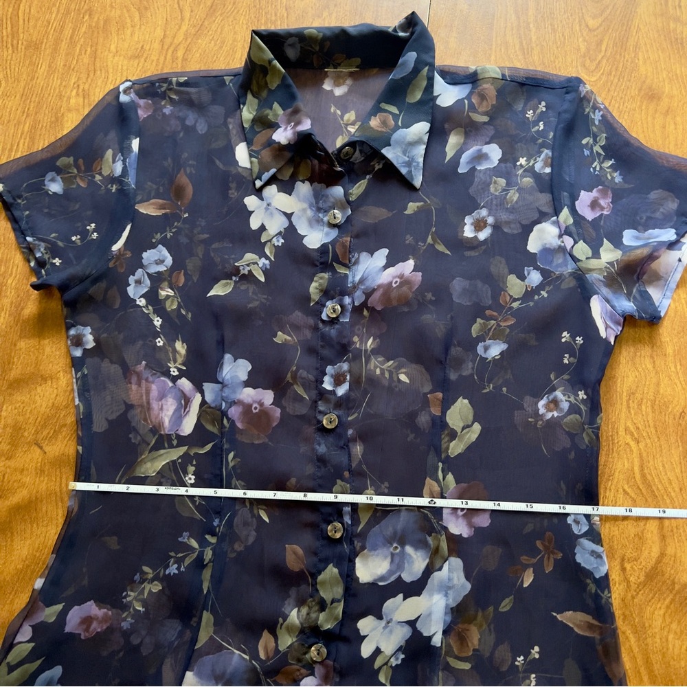 Vintage EnFocus Studio Navy Blue Floral Print Sheer Maxi Shirt Dress Set Size 6 - Picture 12 of 14